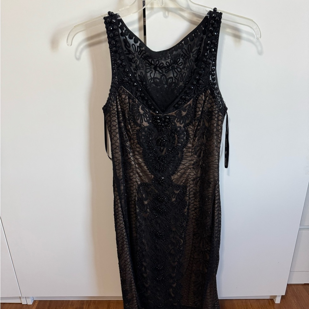 Sue Wong black beaded dress with nude underlay